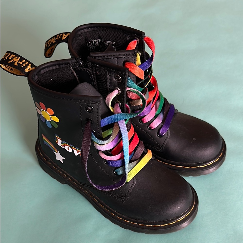 Dr. Martens Girls Black Boots with Rainbow Laces